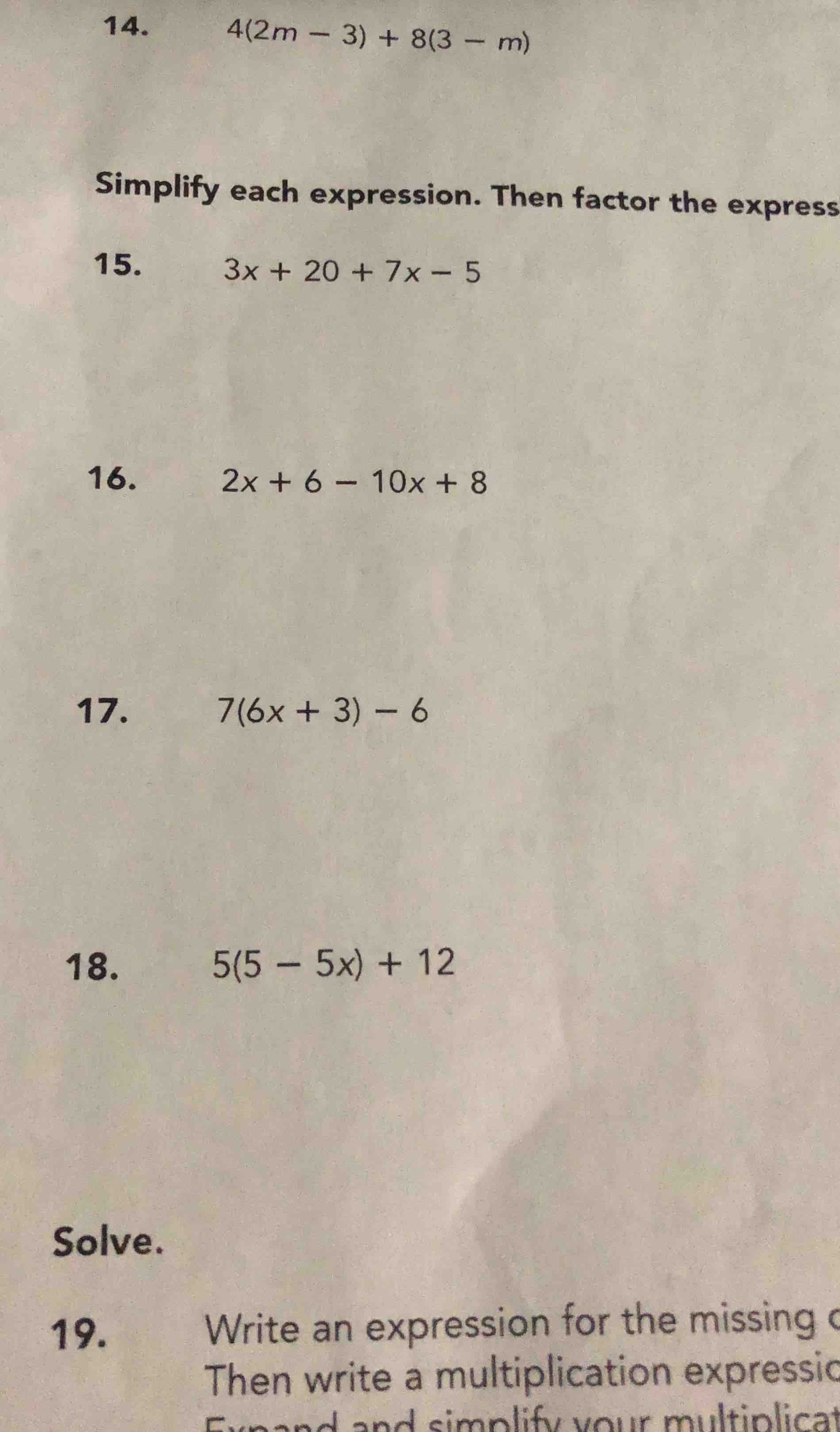 14. \\(4(2m - 3) + 8(3 - m)\\) simplify each expression. then factor th…