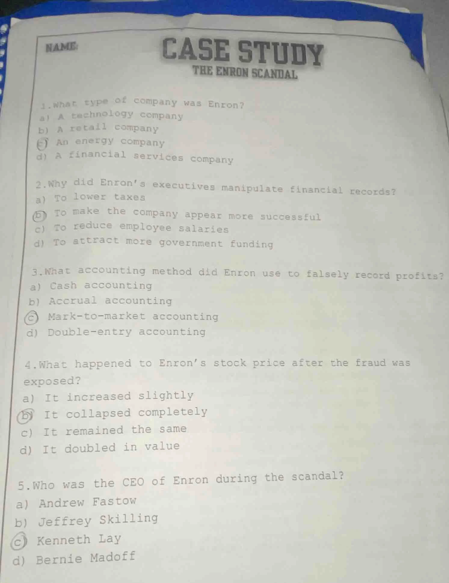 name: case study the enron scandal 1. what type of company was enron? a…