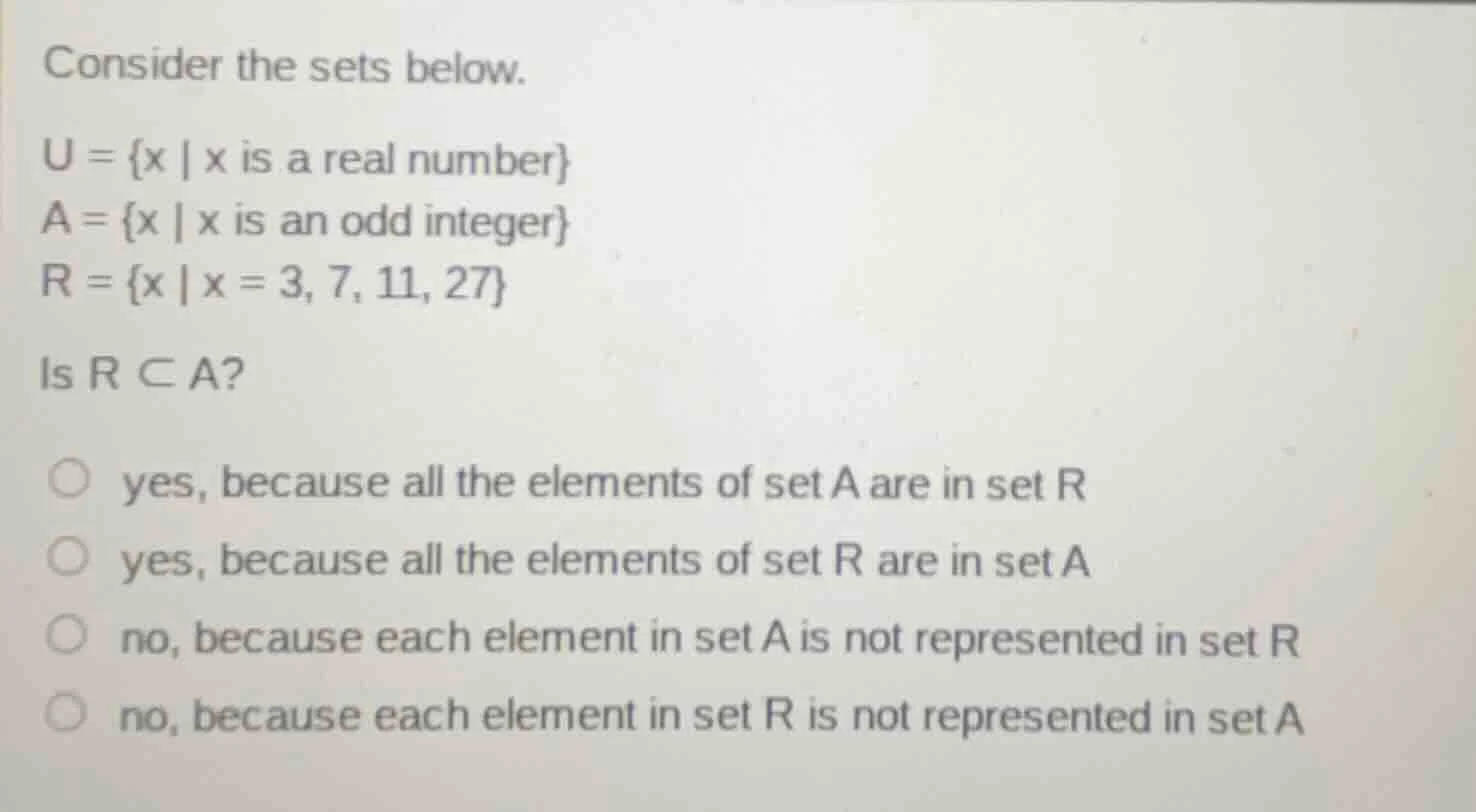 consider the sets below. u = {x | x is a real number} a = {x | x is an …
