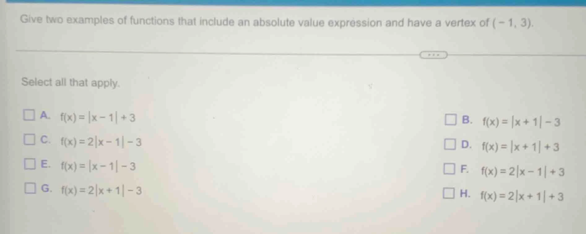 give two examples of functions that include an absolute value expressio…