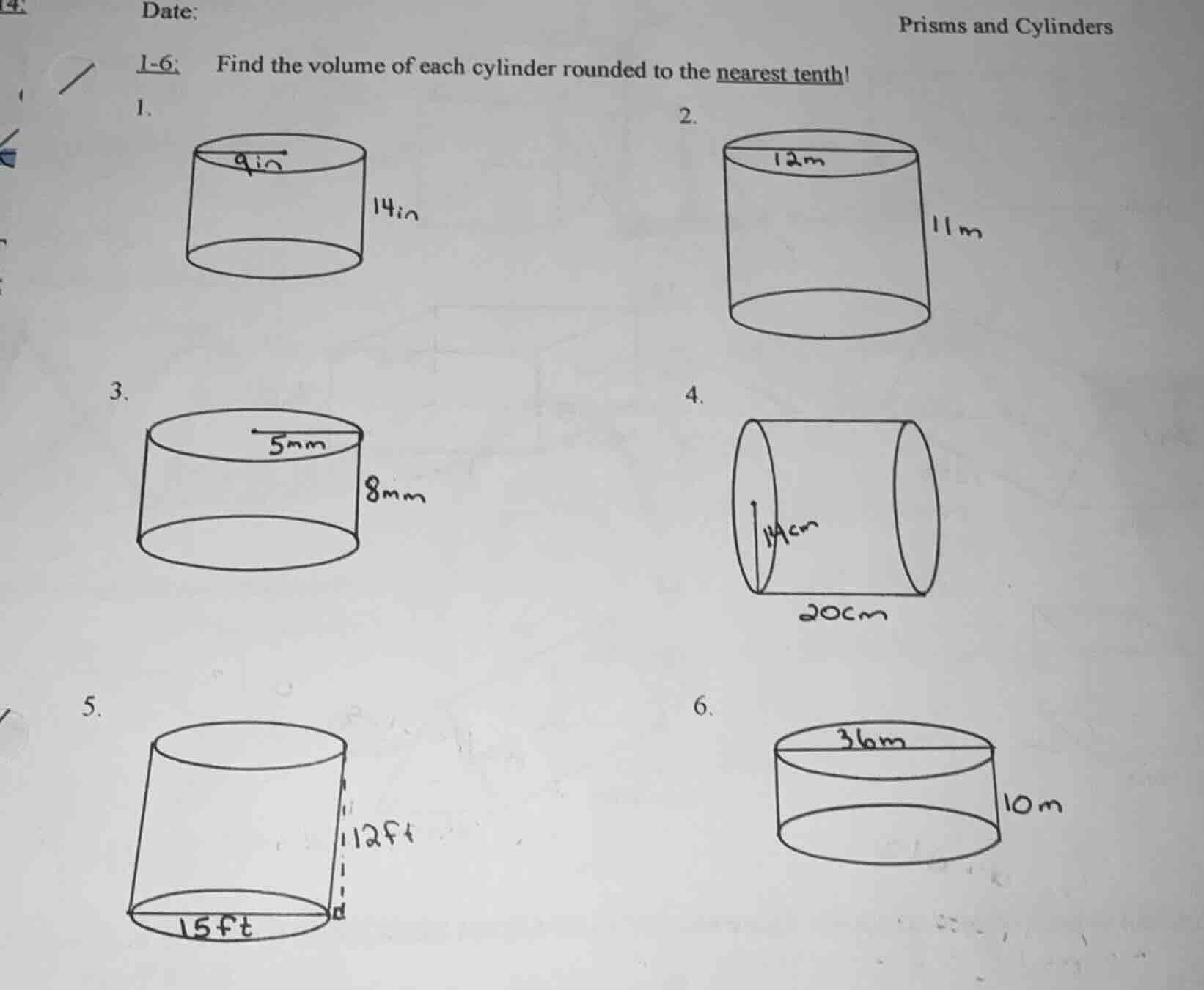 date: prisms and cylinders 1-6: find the volume of each cylinder rounde…