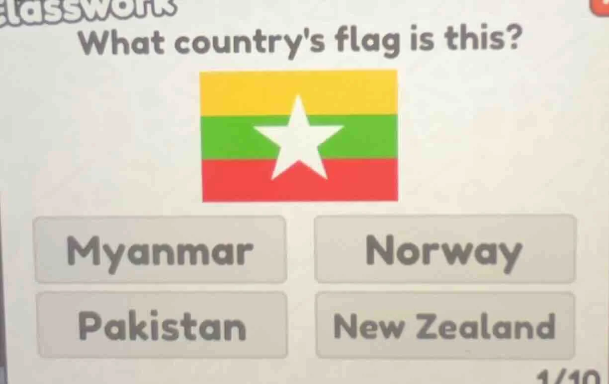 classwork what countrys flag is this? flag image myanmar norway pakista…