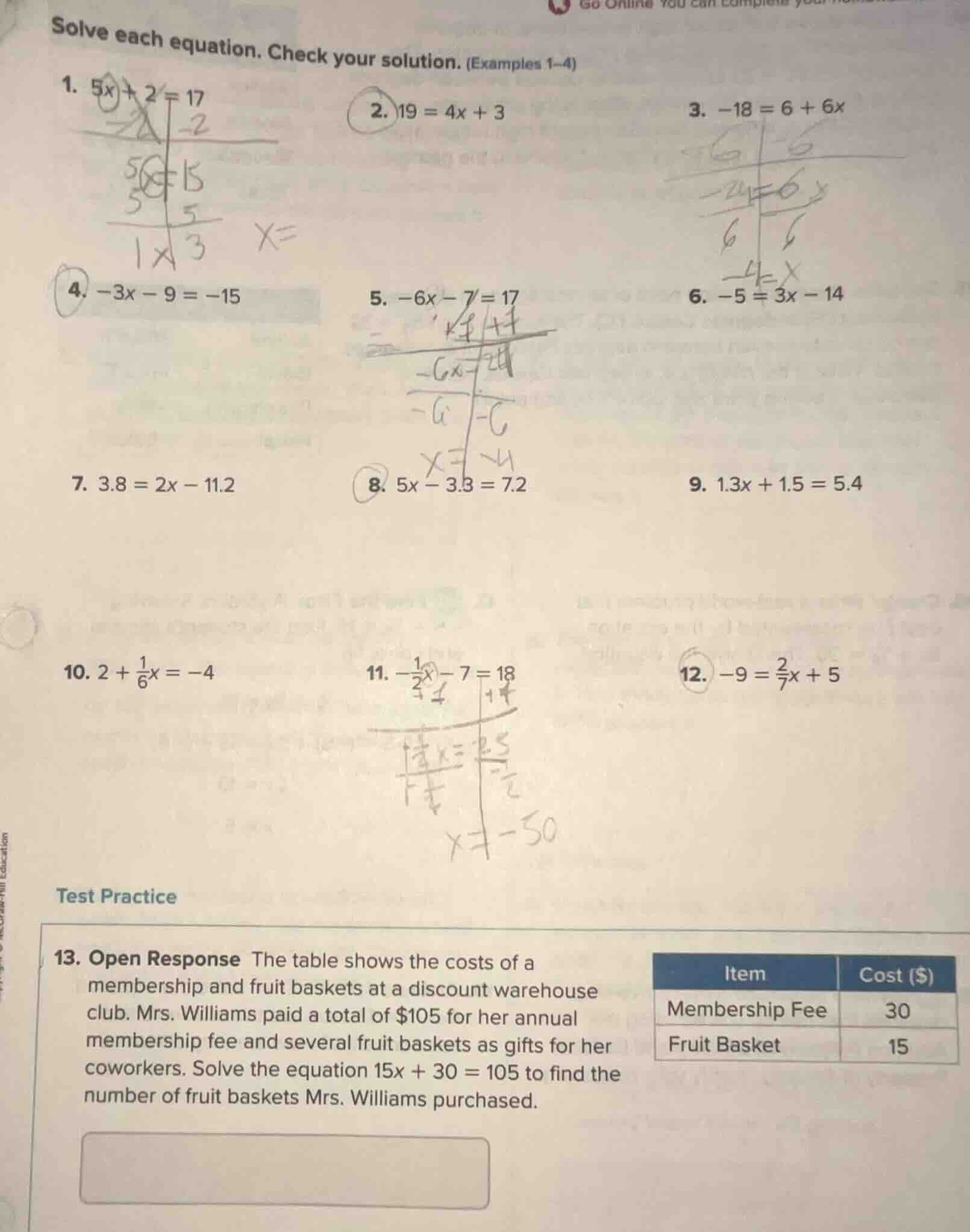 solve each equation. check your solution. (examples 1–4) 1. $5x + 2 = 1…
