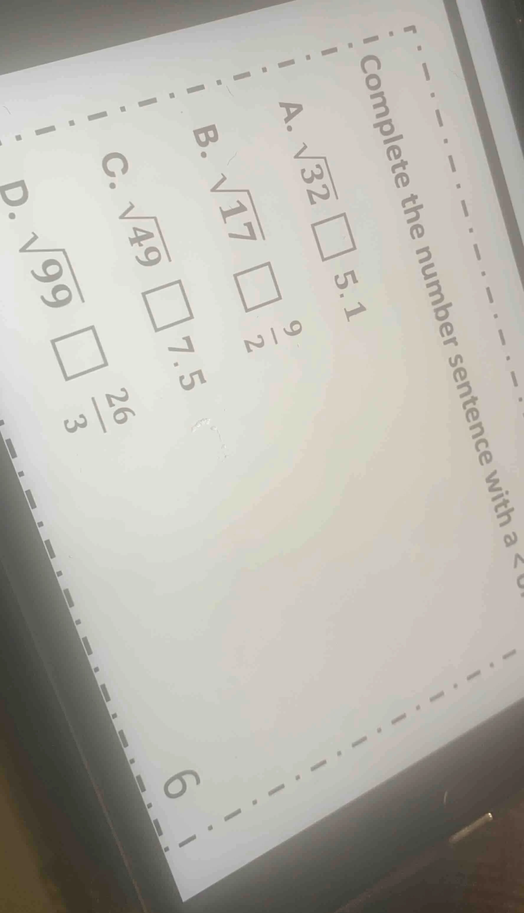 complete the number sentence with a <, >, or = sign. then choose the co…