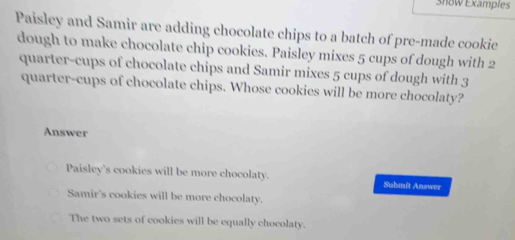 paisley and samir are adding chocolate chips to a batch of pre - made c…