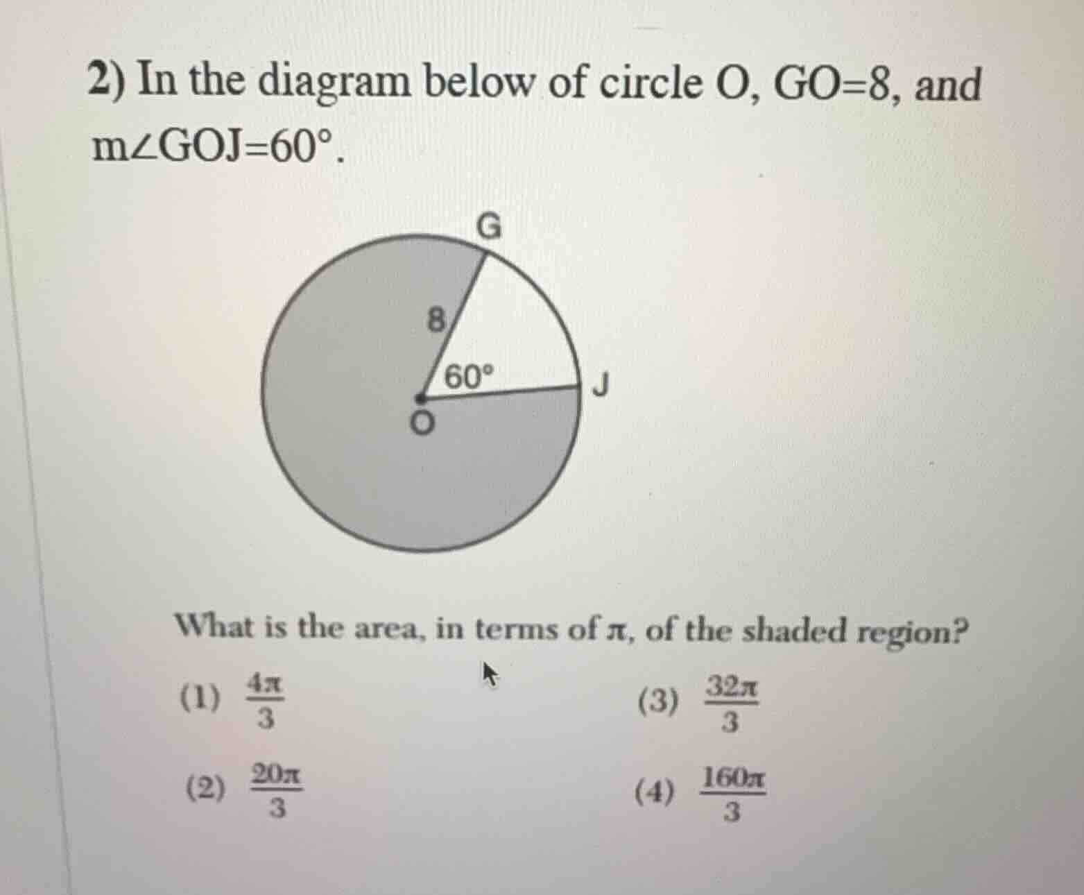 2) in the diagram below of circle o, go=8, and m∠goj=60°. what is the a…