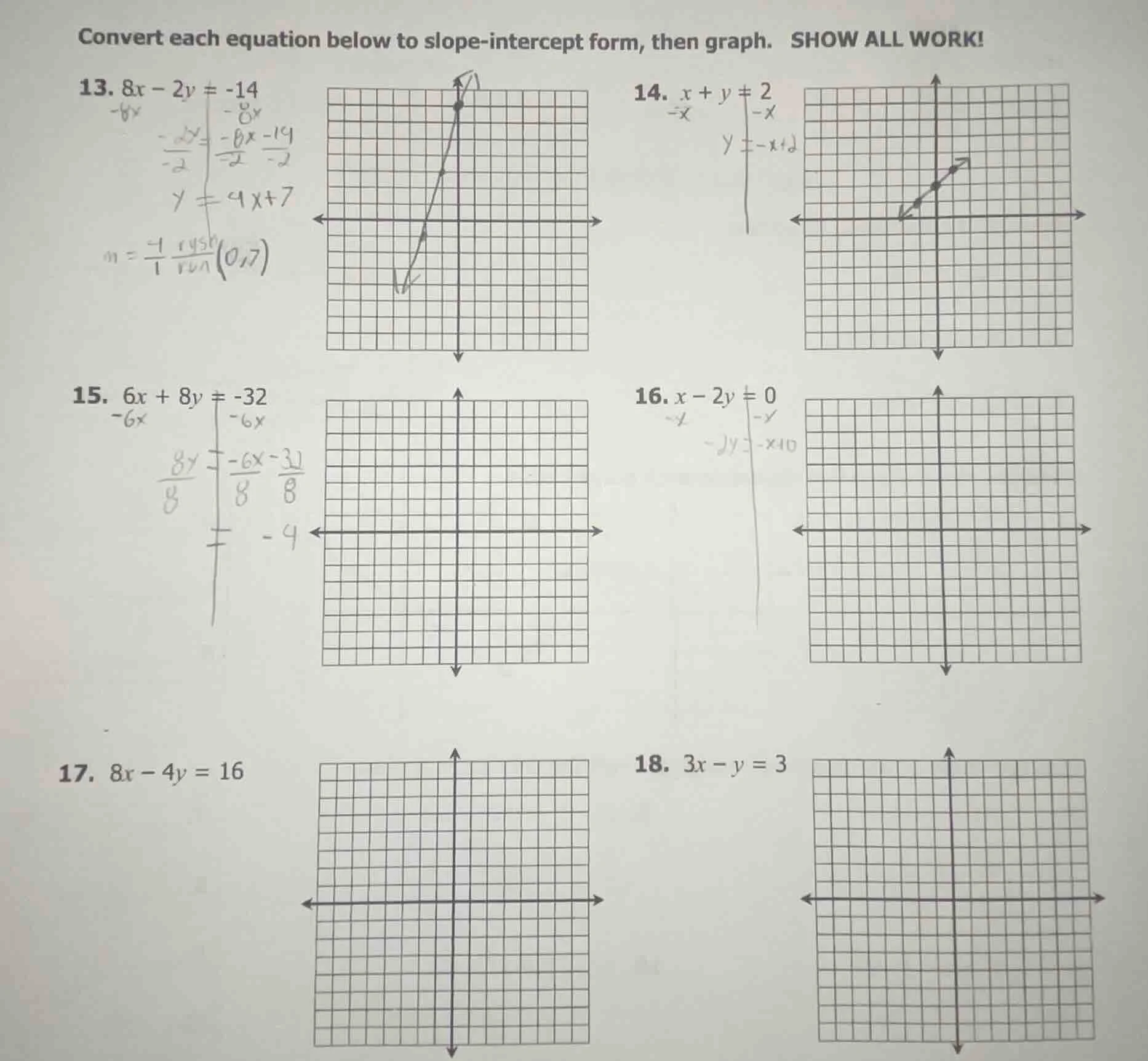 convert each equation below to slope - intercept form, then graph. show…