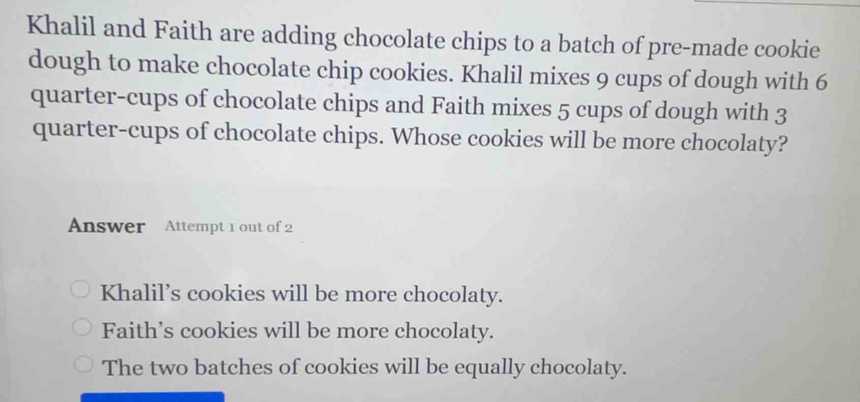 khalil and faith are adding chocolate chips to a batch of pre-made cook…