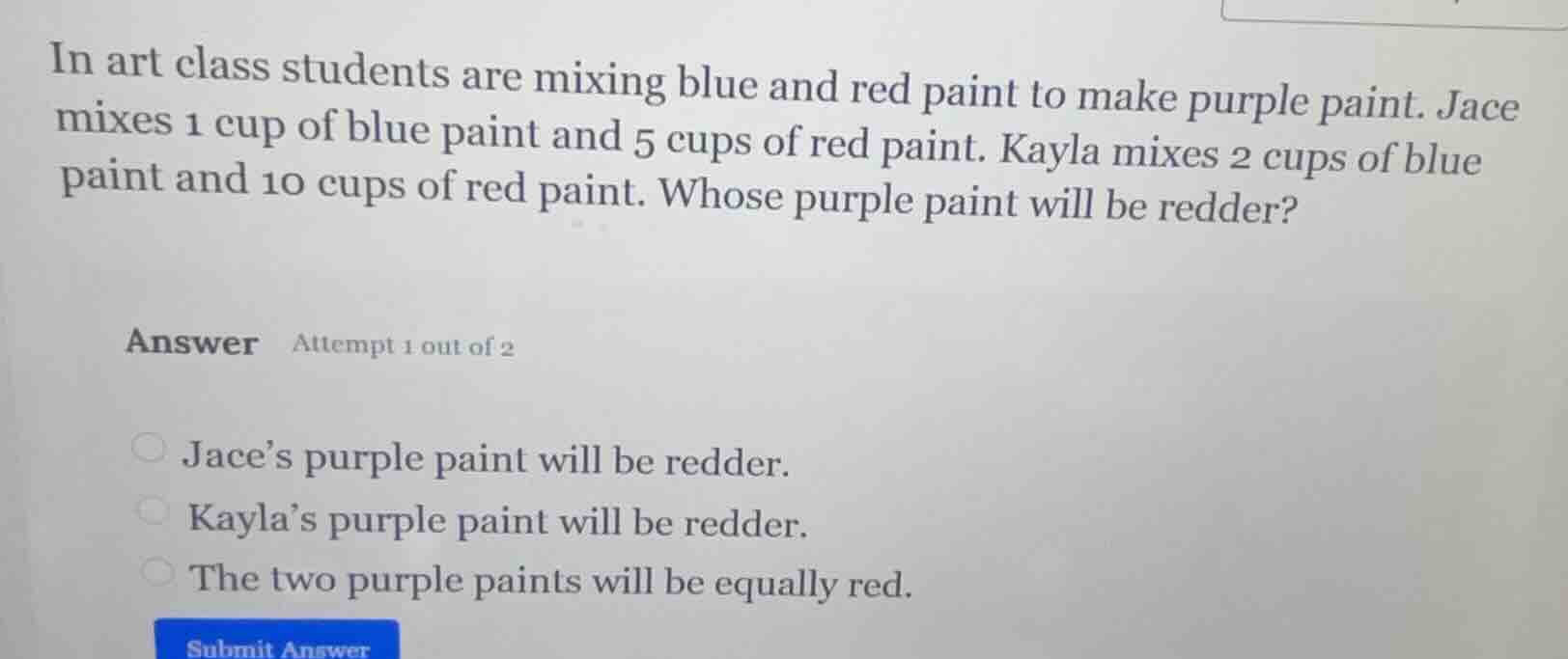 in art class students are mixing blue and red paint to make purple pain…