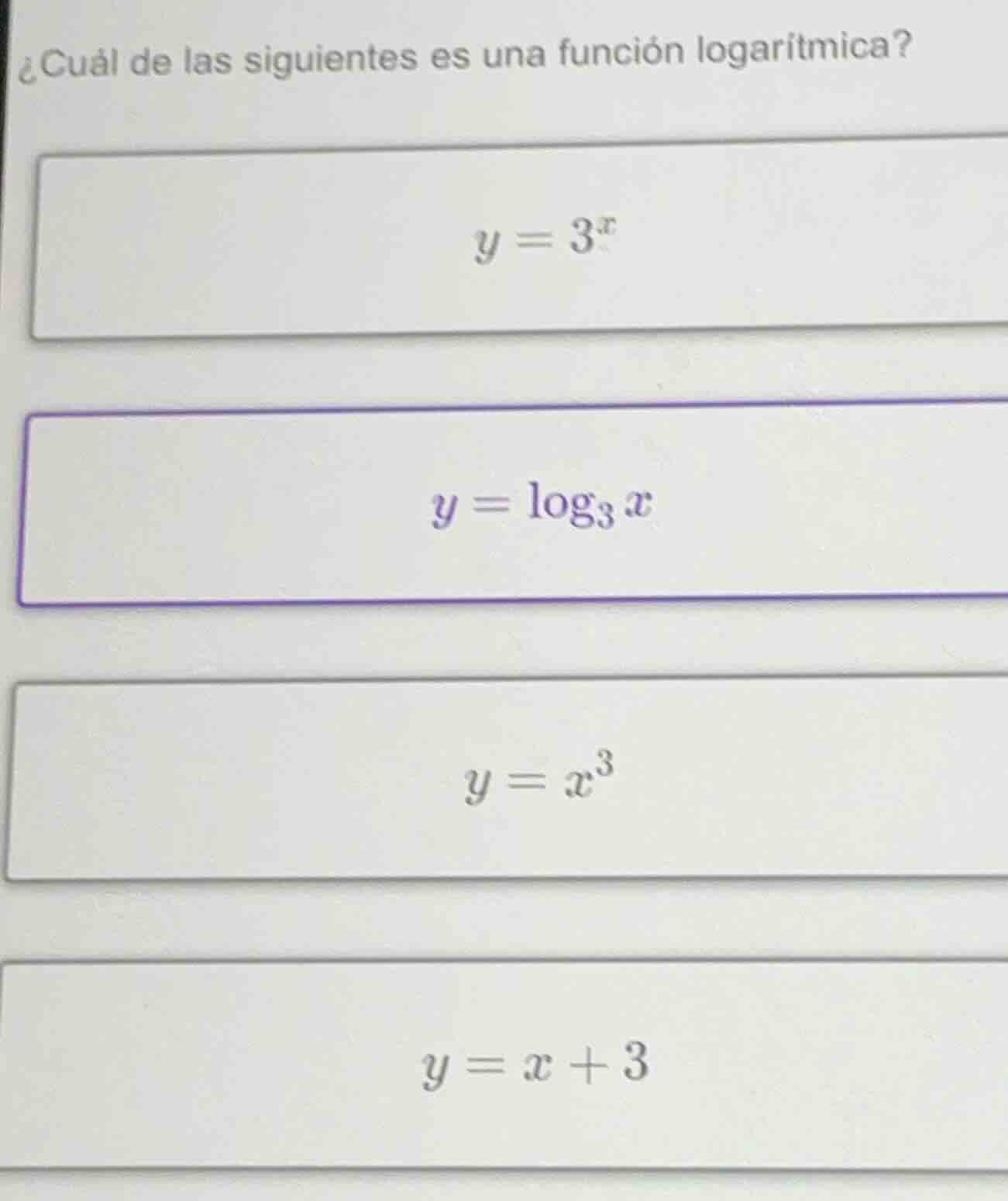 ¿cuál de las siguientes es una función logarítmica? $y = 3^x$ $y = \\lo…