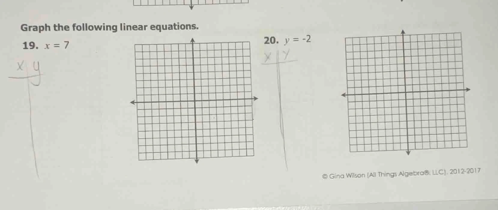graph the following linear equations. 19. $x = 7$ 20. $y = -2$