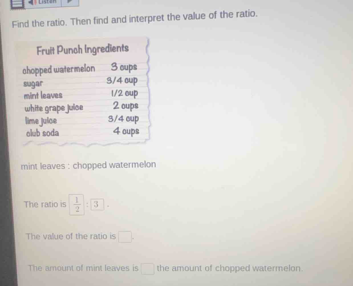 find the ratio. then find and interpret the value of the ratio. fruit p…