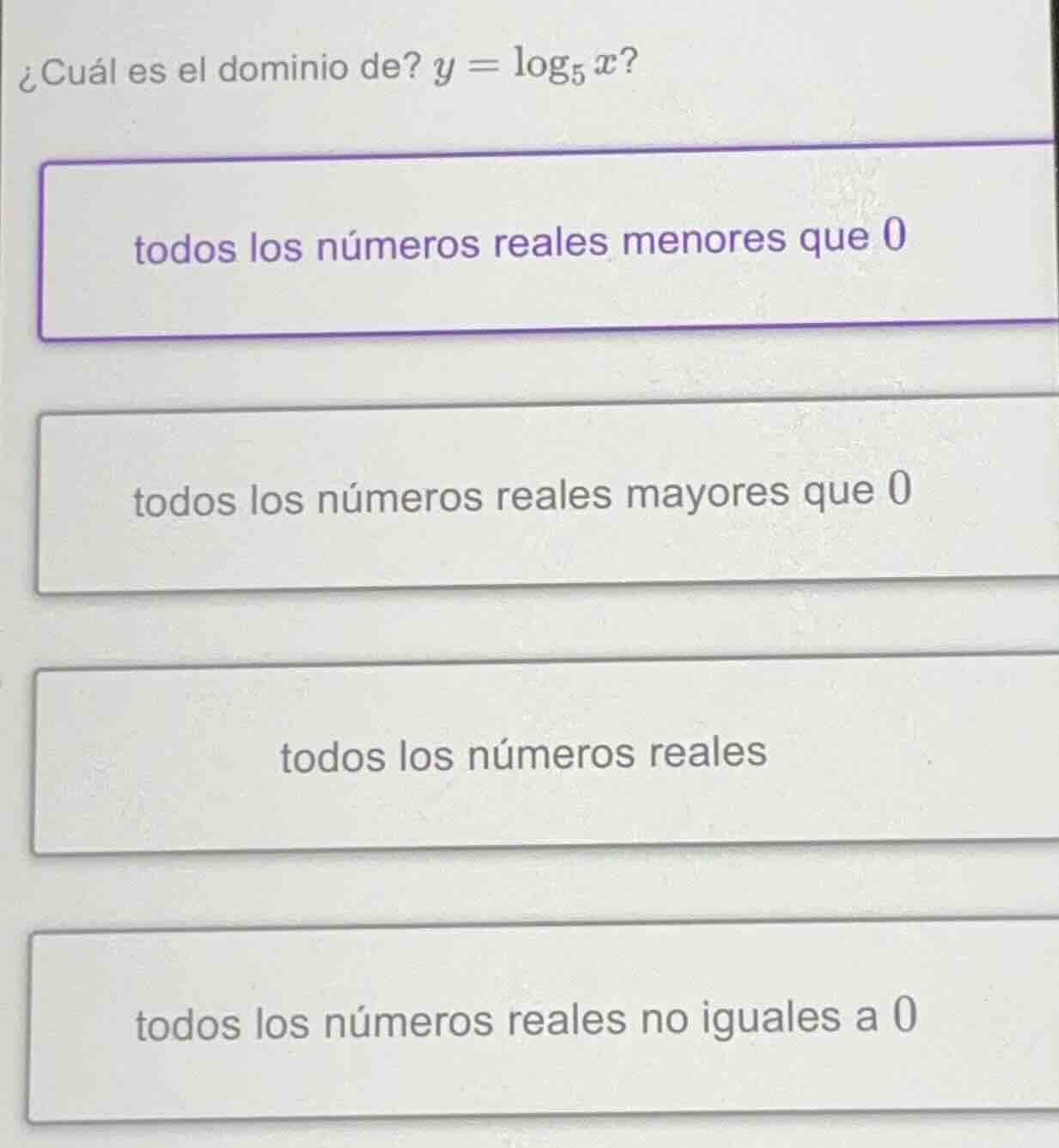 ¿cuál es el dominio de? $y = \\log_{5} x$? todos los números reales men…