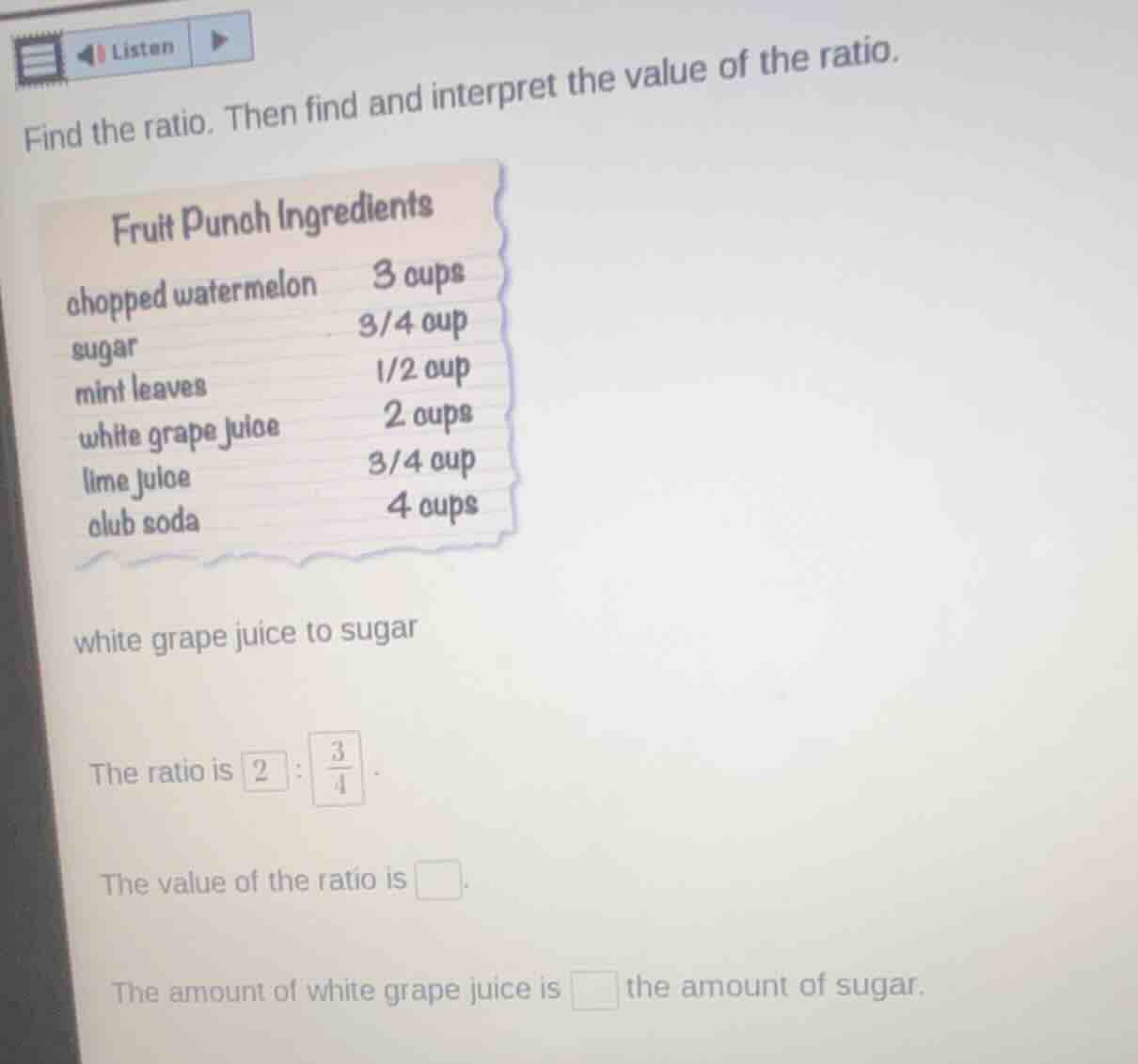 find the ratio. then find and interpret the value of the ratio. fruit p…