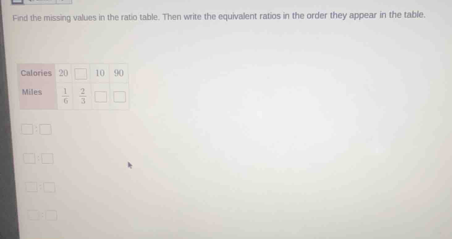 find the missing values in the ratio table. then write the equivalent r…