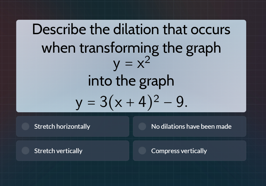 describe the dilation that occurs when transforming the graph y = x² in…