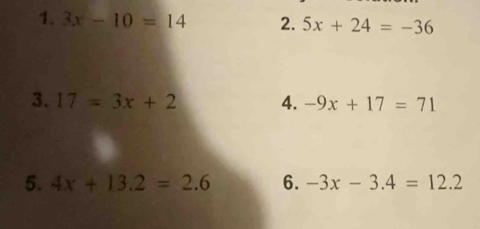 1. $3x - 10 = 14$ 2. $5x + 24 = -36$ 3. $17 = 3x + 2$ 4. $-9x + 17 = 71…