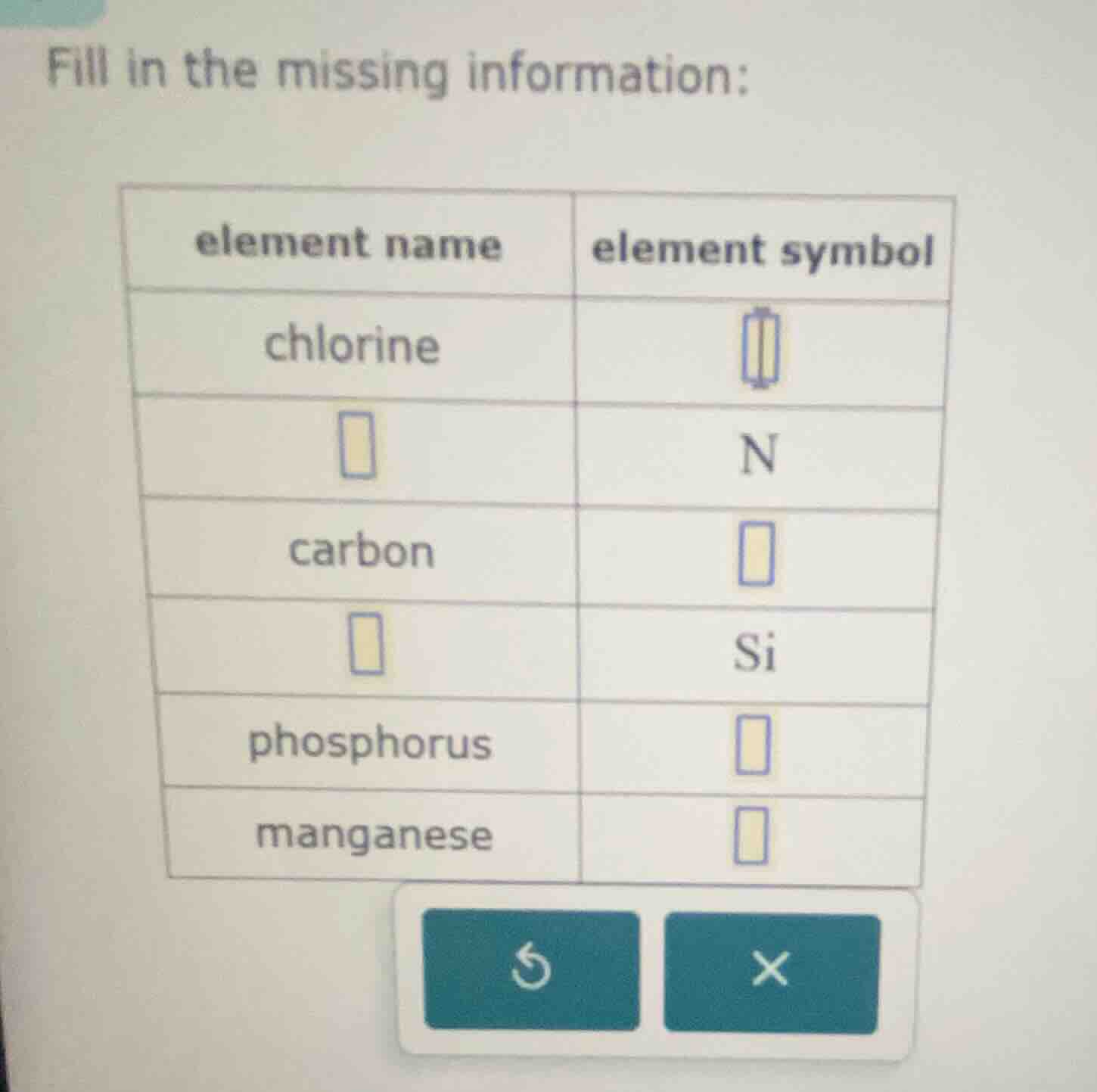 fill in the missing information: | element name | element symbol | | --…