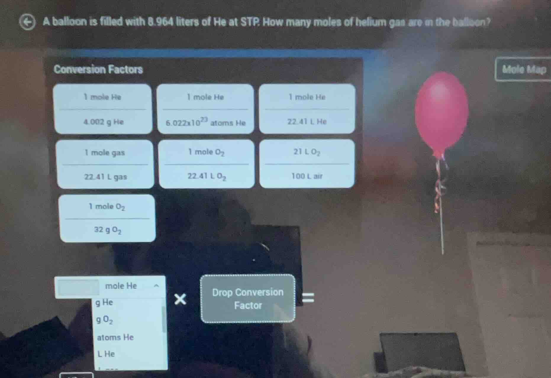 a balloon is filled with 8.964 liters of he at stp. how many moles of h…