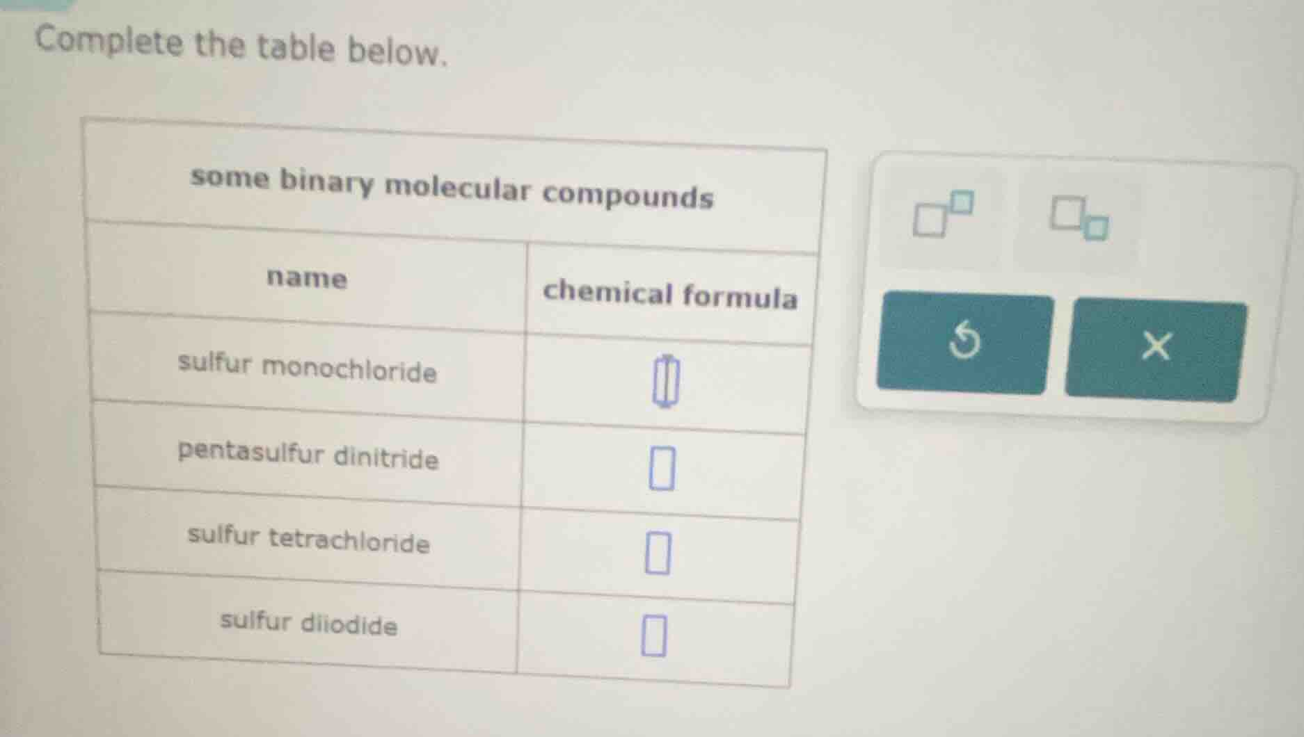 complete the table below. some binary molecular compounds name | chemic…