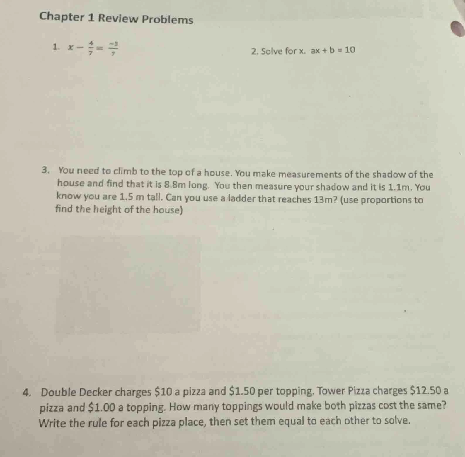 chapter 1 review problems 1. $x - \\frac{4}{7} = \\frac{-3}{7}$ 2. solv…