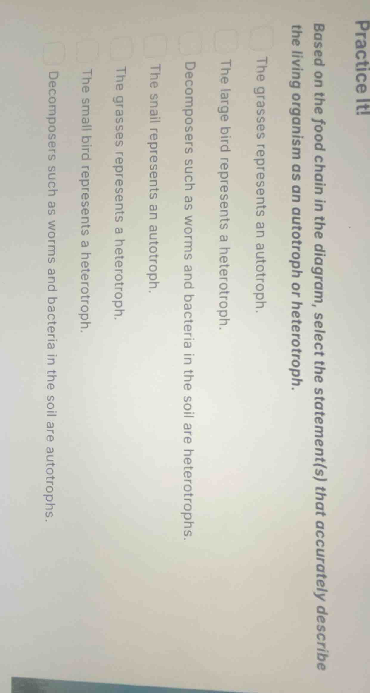 practice it! based on the food chain in the diagram, select the stateme…