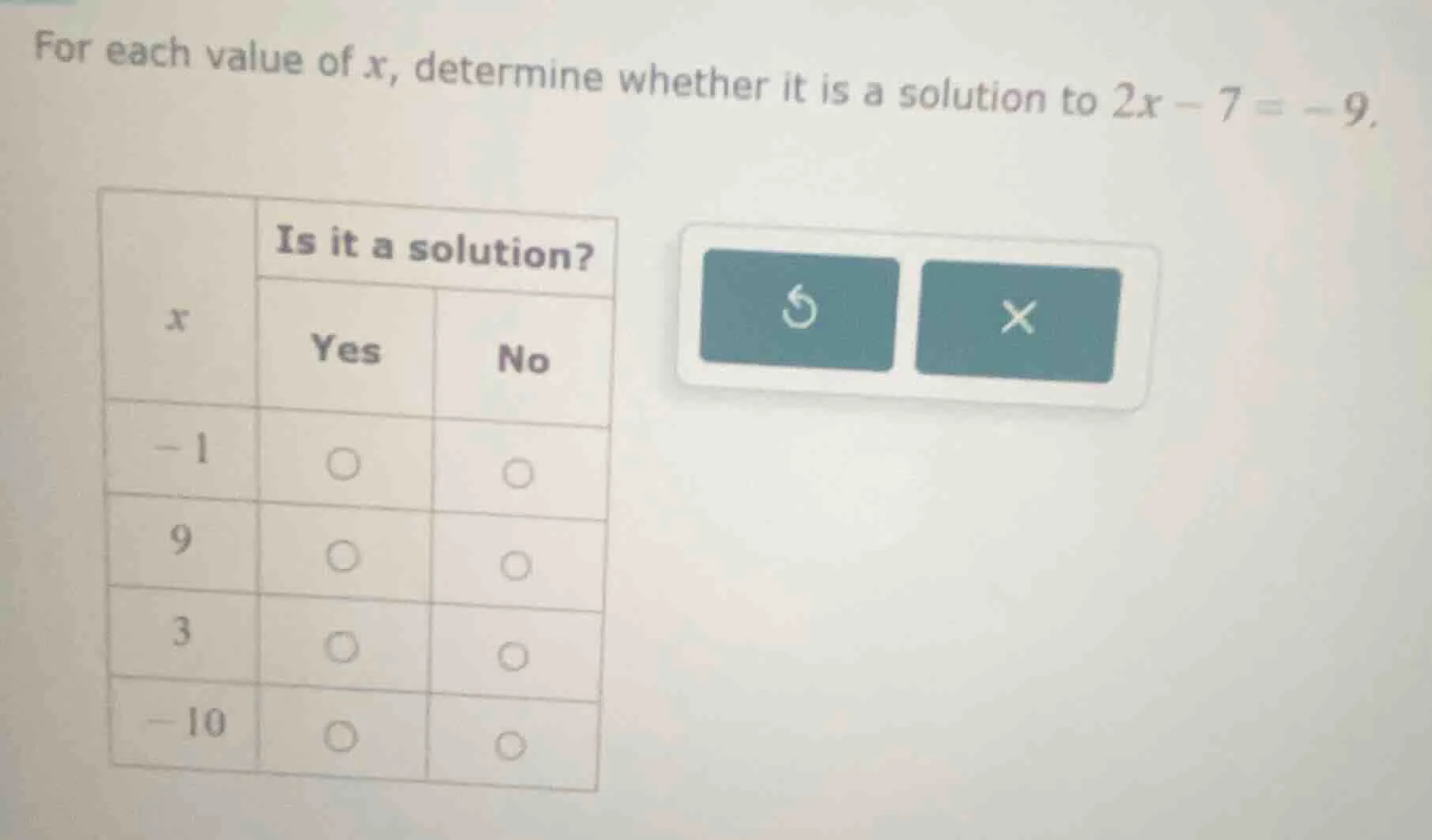 for each value of x, determine whether it is a solution to 2x - 7 = -9.…