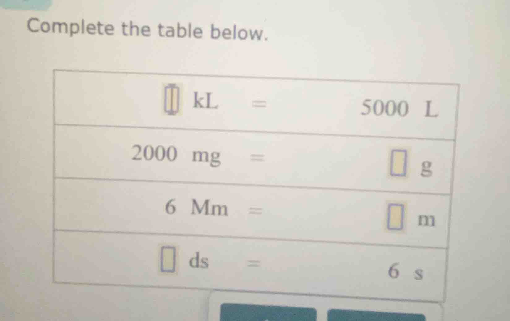 complete the table below. | $square$ kl $=$ 5000 l | 2000 mg $=$ $squar…