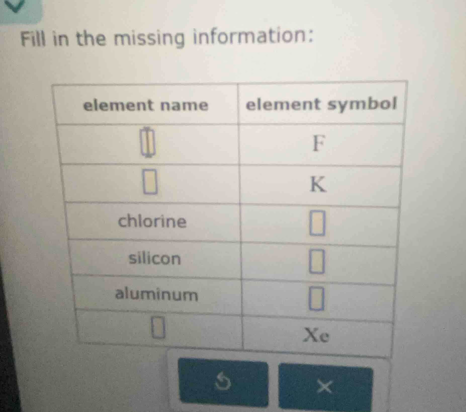 fill in the missing information: | element name | element symbol | | --…