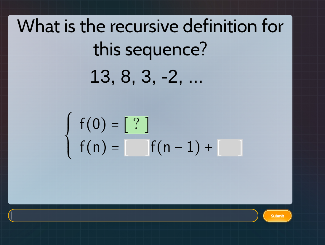 what is the recursive definition for this sequence? 13, 8, 3, -2, ... \…