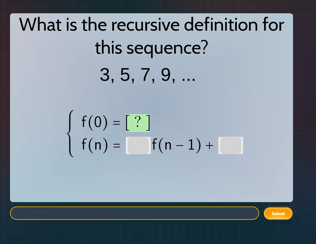 what is the recursive definition for this sequence? 3, 5, 7, 9, ... \\b…