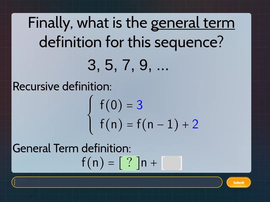 finally, what is the general term definition for this sequence? 3, 5, 7…