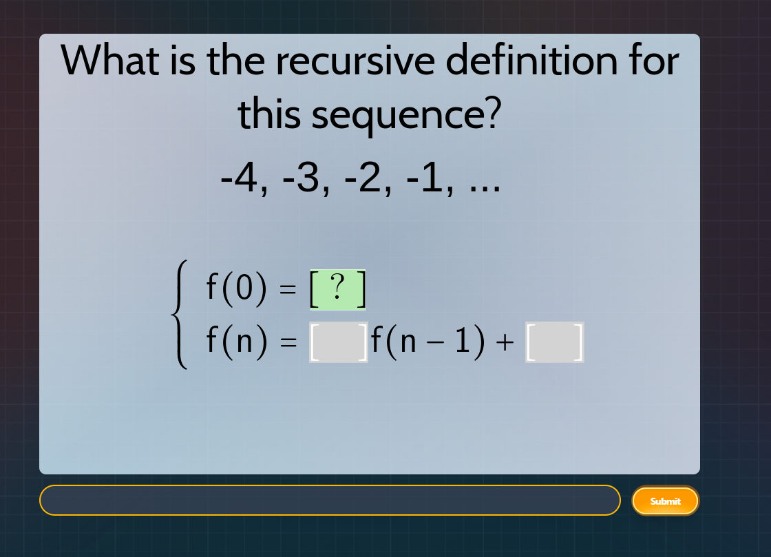 what is the recursive definition for this sequence? -4, -3, -2, -1, ...…