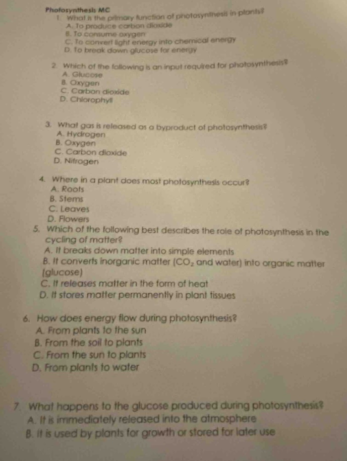 photosynthesis mc 1. what is the primary function of photosynthesis in …