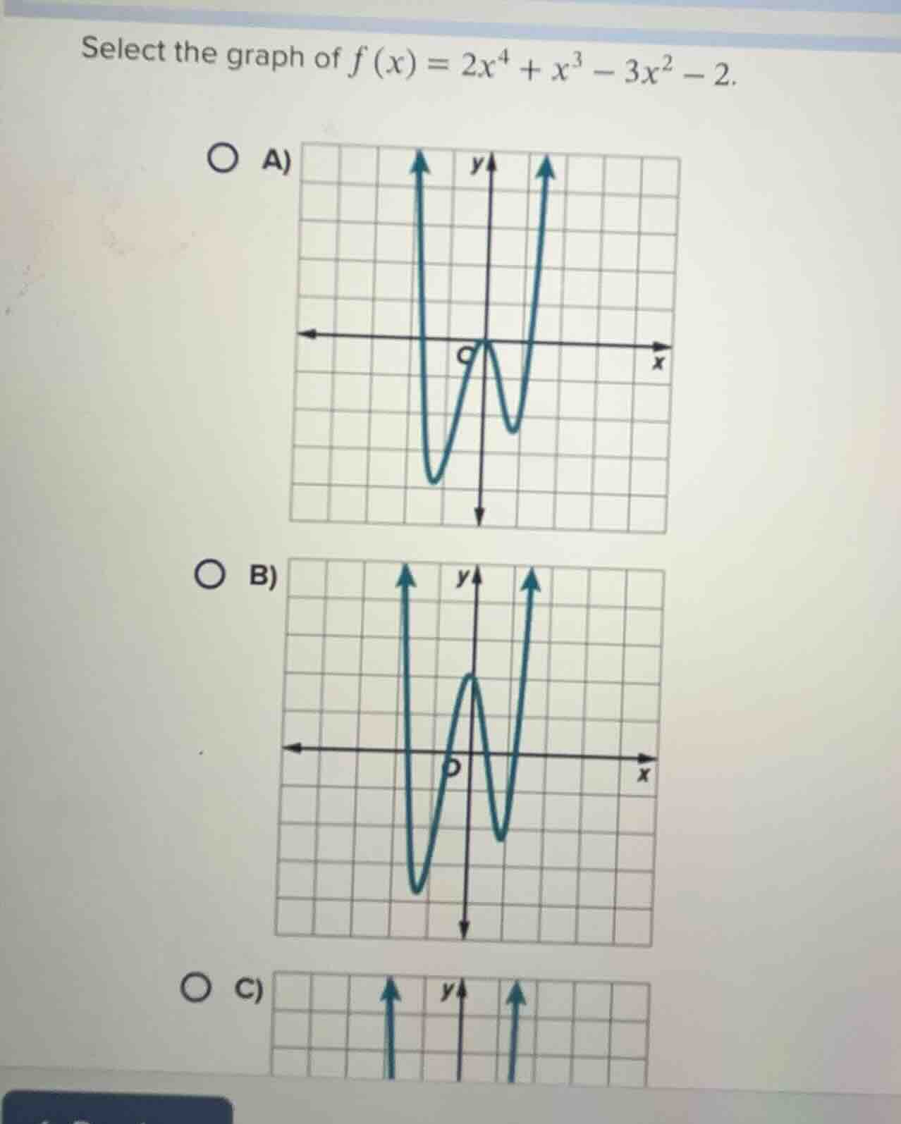 select the graph of $f(x) = 2x^4 + x^3 - 3x^2 - 2$. a) graph b) graph c…