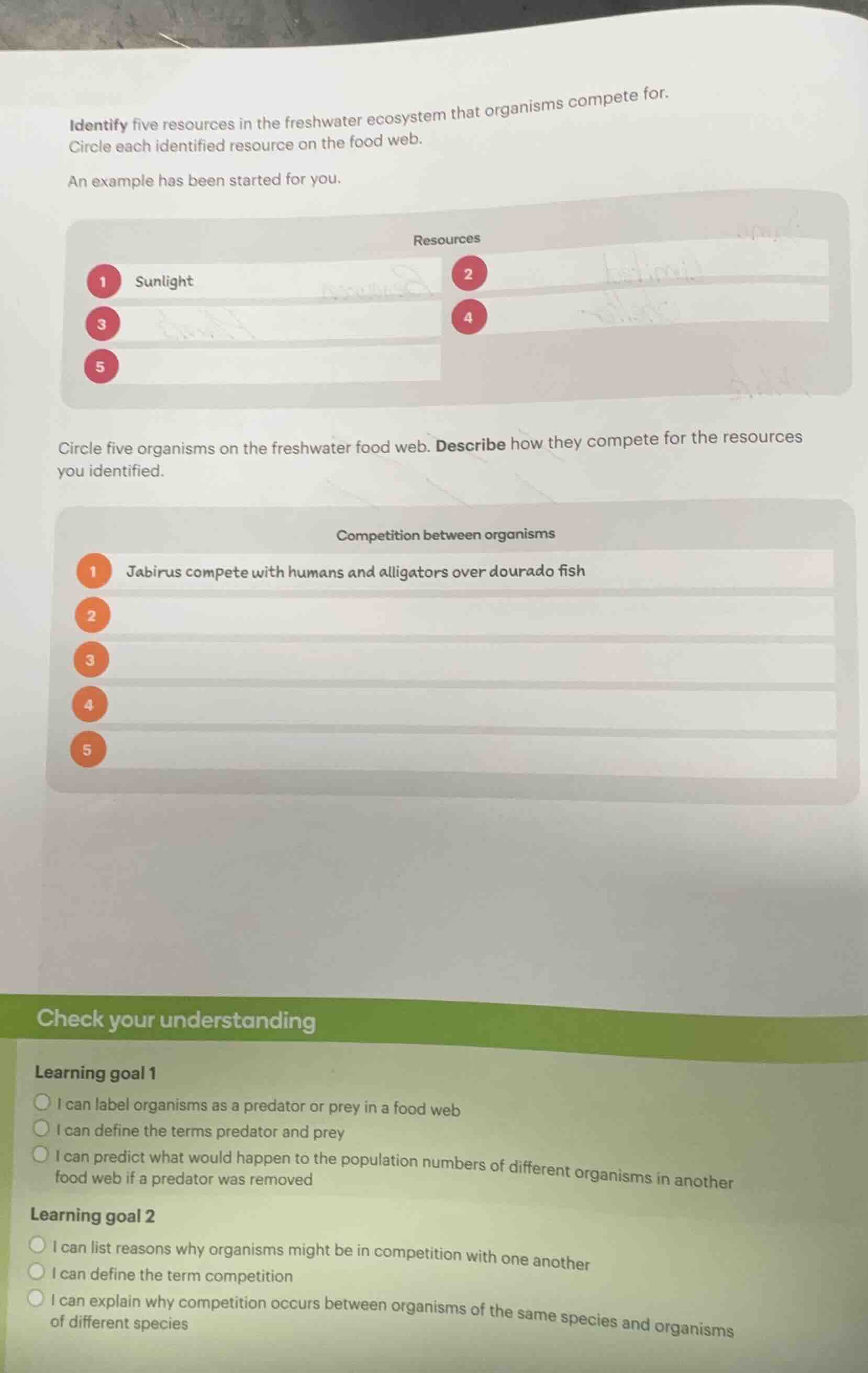 identify five resources in the freshwater ecosystem that organisms comp…