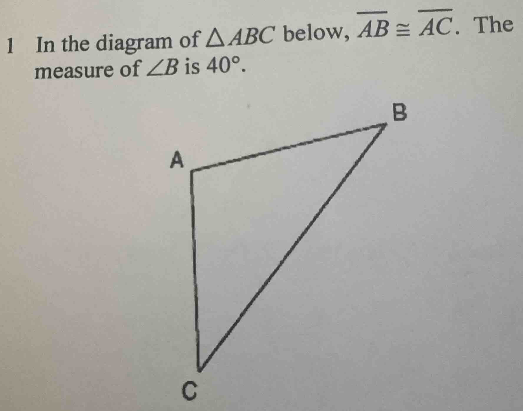1 in the diagram of $\\triangle abc$ below, $\\overline{ab} \\cong \\ov…