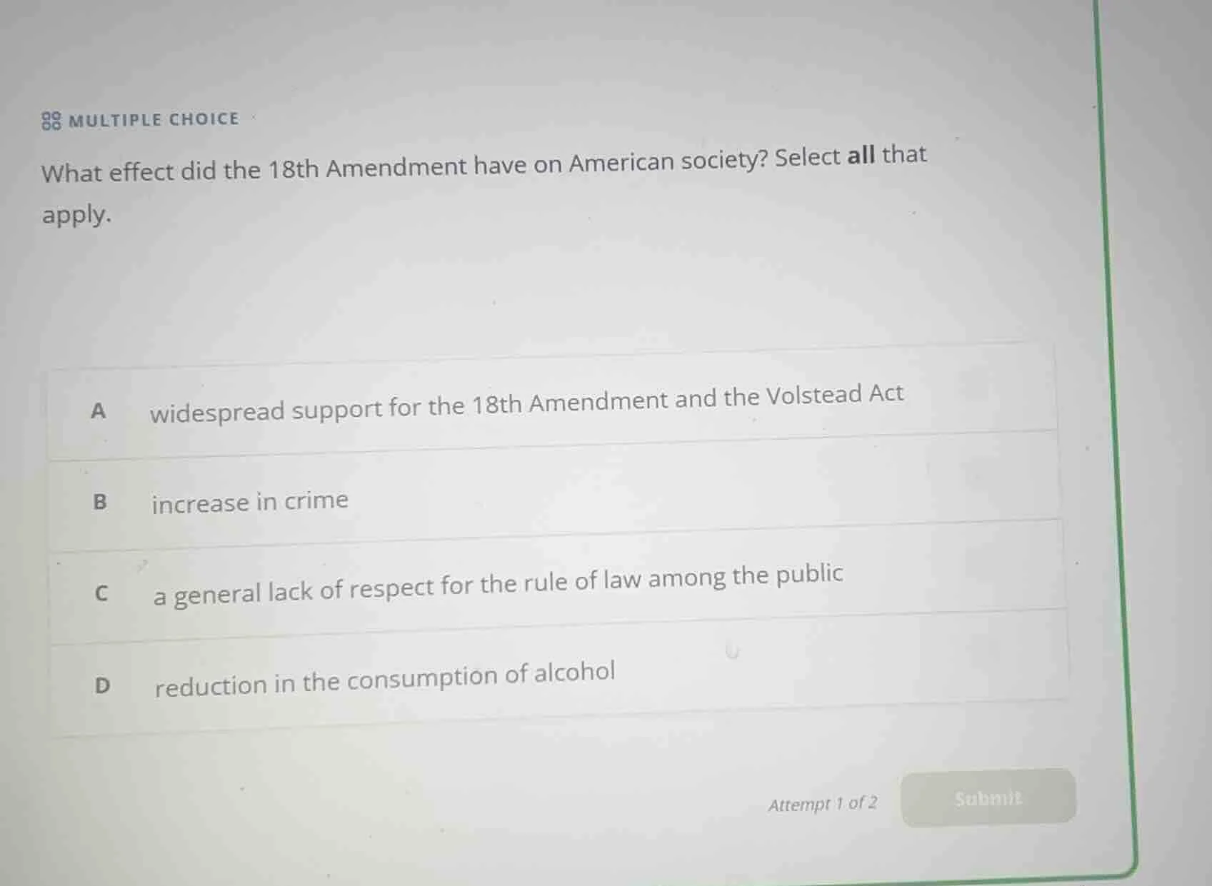 multiple choice what effect did the 18th amendment have on american soc…