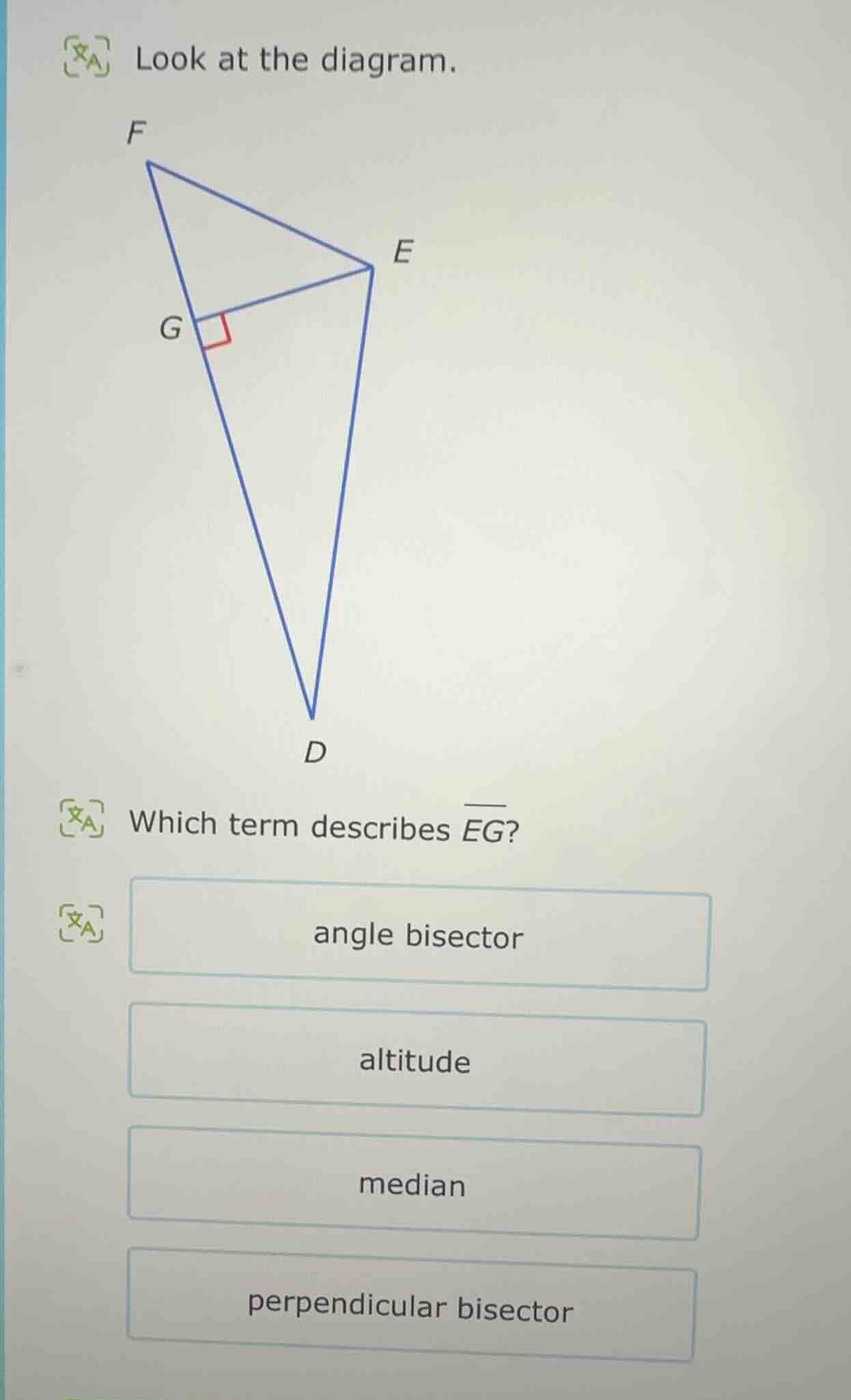 look at the diagram. which term describes \\(\\overline{eg}\\)? angle b…