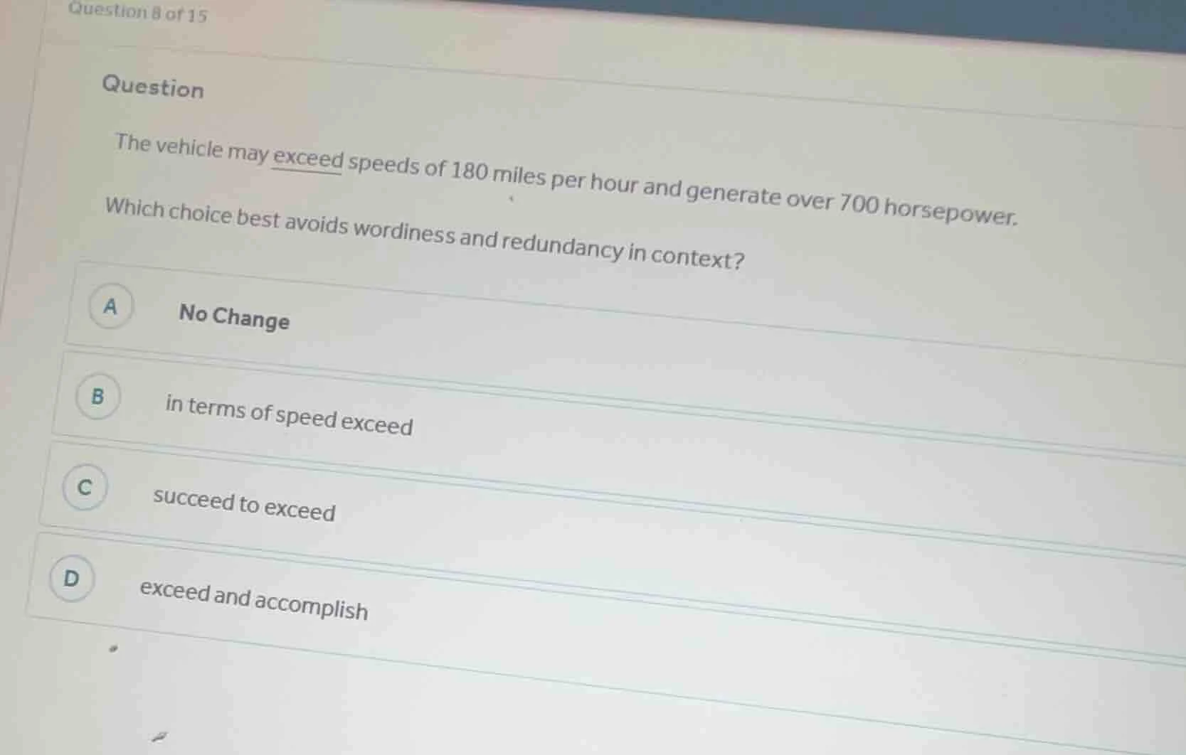 question 8 of 15 question the vehicle may exceed speeds of 180 miles pe…