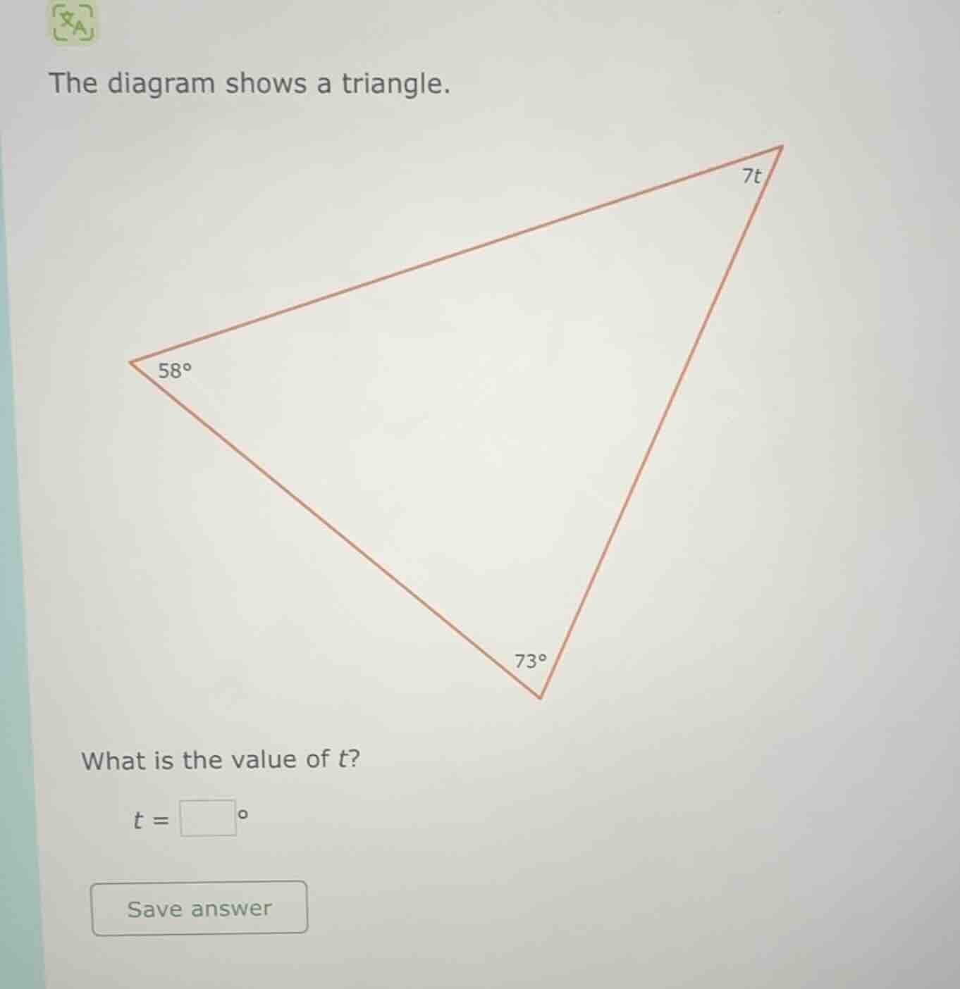 the diagram shows a triangle. what is the value of t? t = \\square^\\ci…