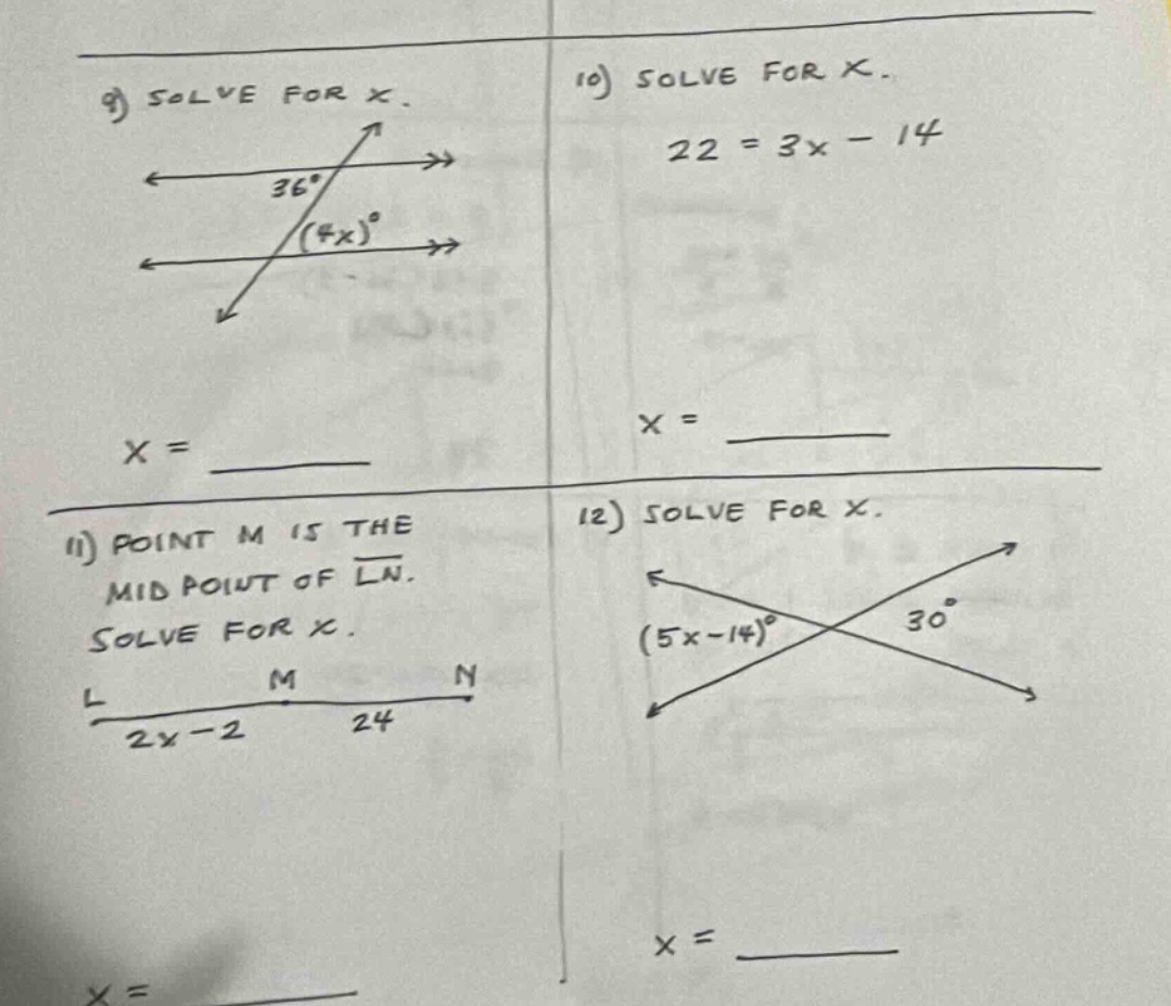 9) solve for x. diagram with two parallel lines and a transversal, 36° …