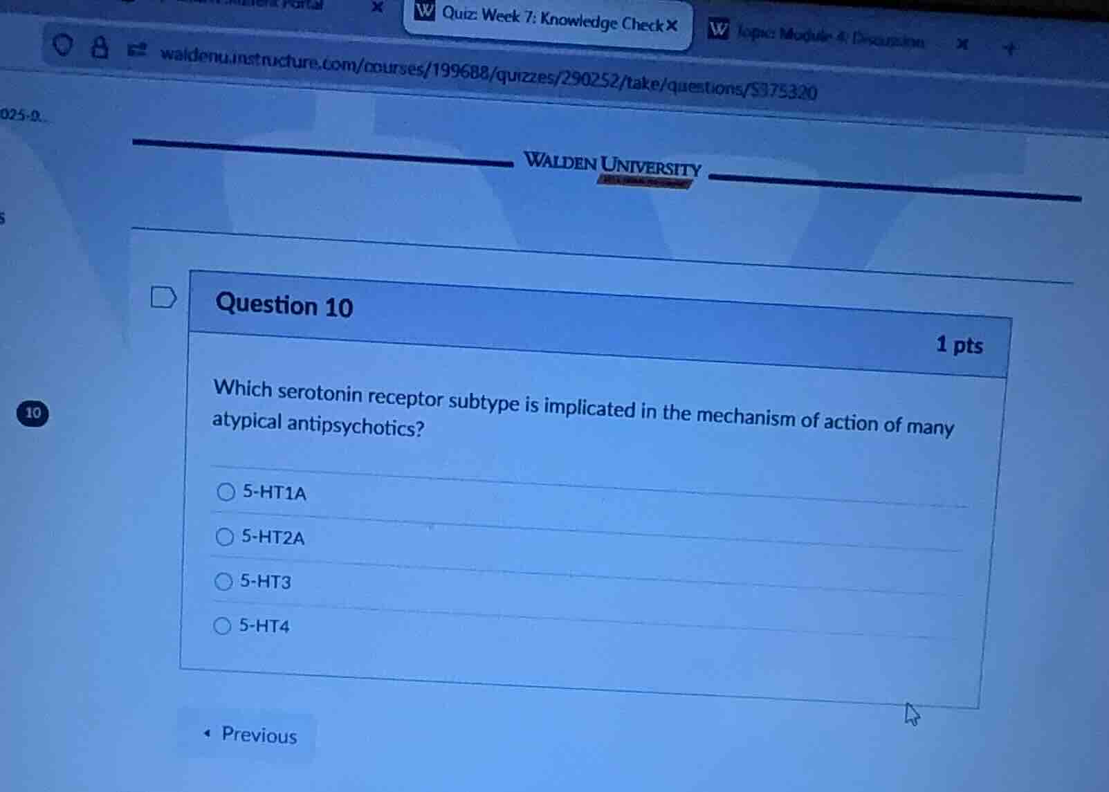question 10 1 pts which serotonin receptor subtype is implicated in the…