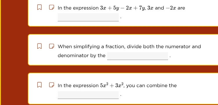in the expression $3x + 5y - 2x + 7y$, $3x$ and $-2x$ are ______. when …