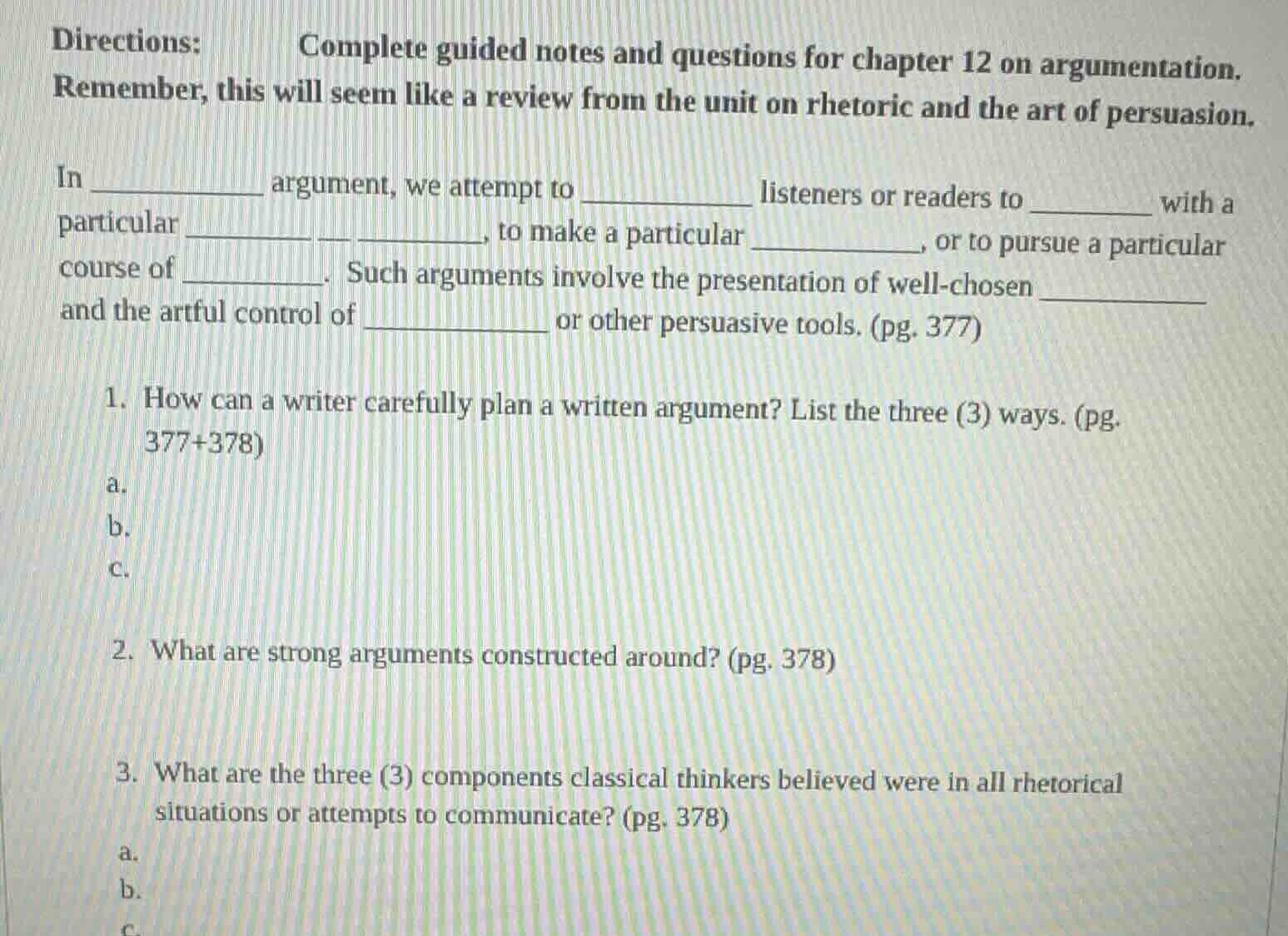 directions: complete guided notes and questions for chapter 12 on argum…