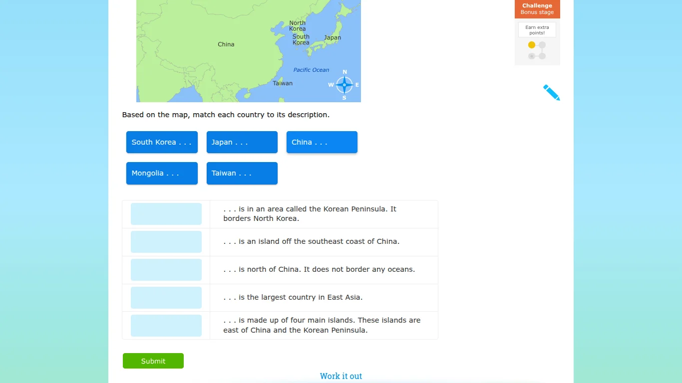based on the map, match each country to its description. south korea...…
