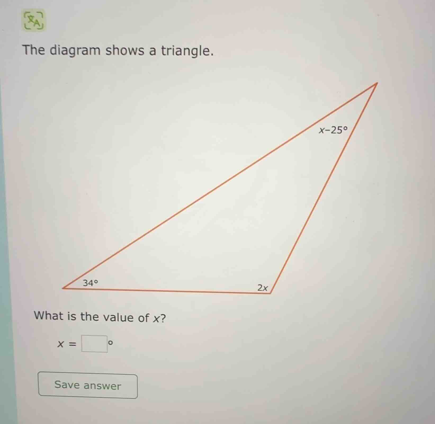 the diagram shows a triangle. what is the value of x? x = \\boxed{\\cir…