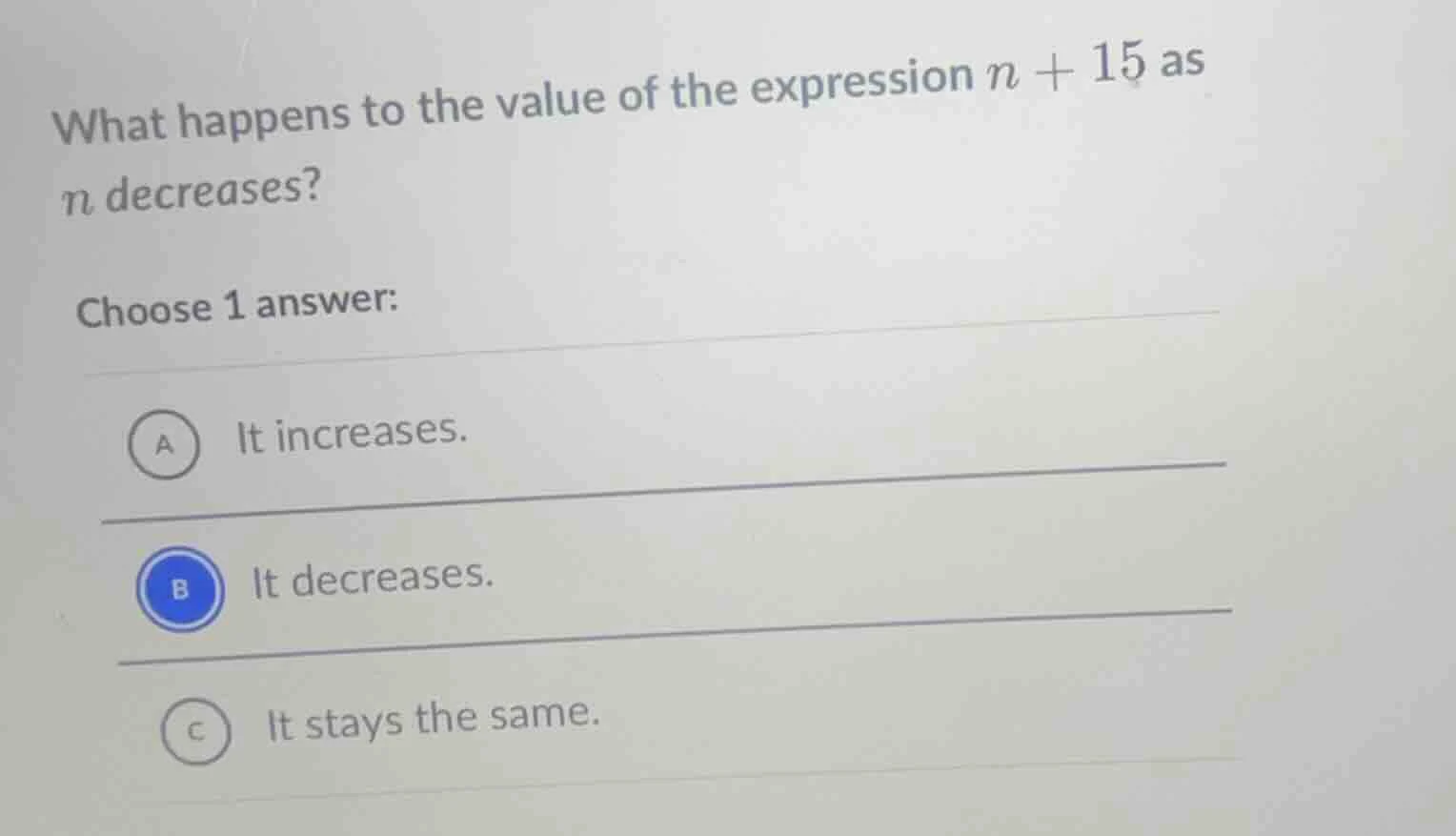 what happens to the value of the expression $n + 15$ as $n$ decreases? …