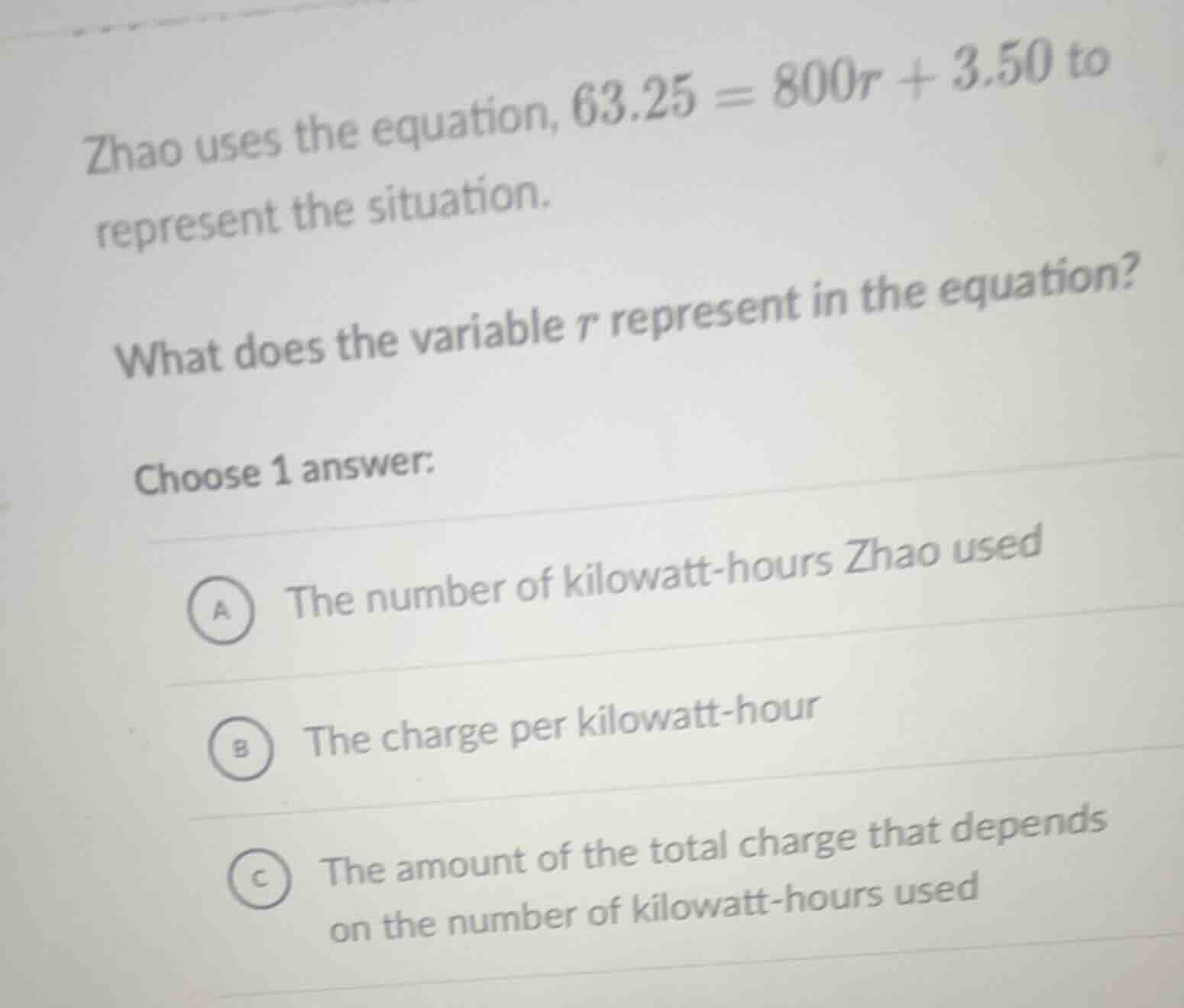 zhao uses the equation, $63.25 = 800r + 3.50$ to represent the situatio…