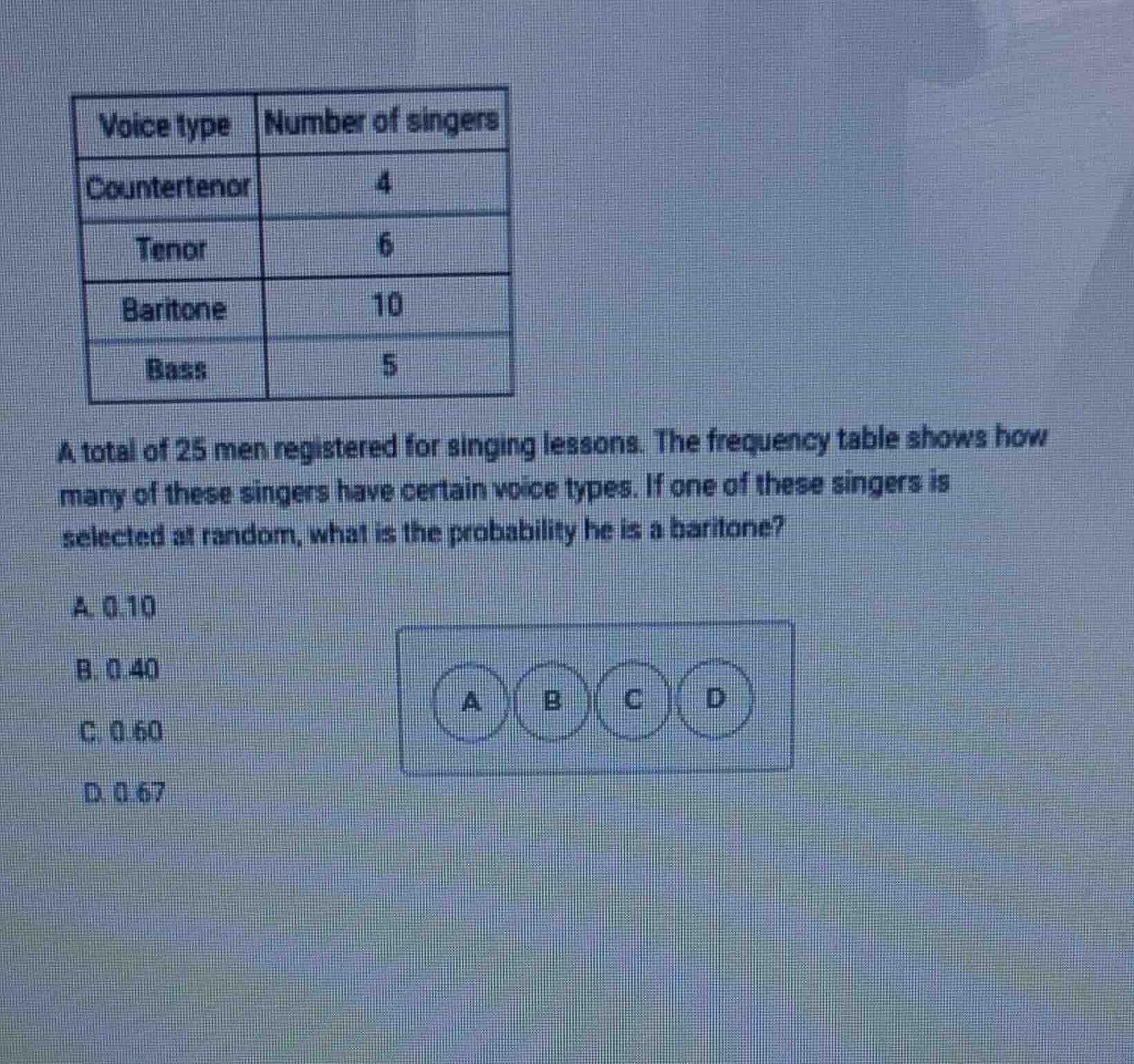 voice type number of singers countertenor 4 tenor 6 baritone 10 bass 5 …